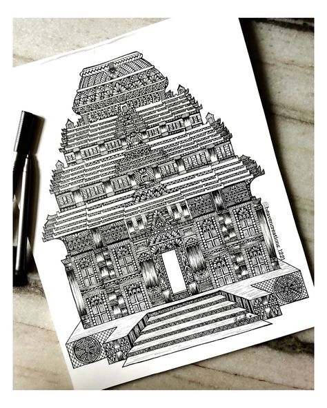 Monuments Mandala Art, Temple Mandala Art, Monument Mandala, Devotional Drawings, Temple Art Drawing, Konark Temple, Mandala Creative, Mandala Arts, Temple Drawing