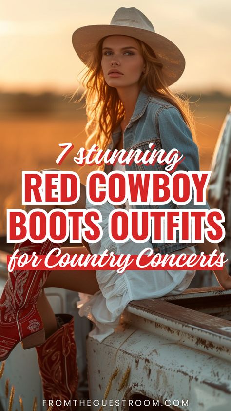 a woman wears red cowboy boots for country concerts, western outfits Womens Red Cowboy Boots, Western Outfits Women Red Boots, Game Day Outfit With Cowboy Boots, Cowboy Boots Outfit Fall Casual, Red Tecovas Outfit, What To Wear With Red Cowboy Boots, What To Wear With Red Boots, Red Boots Concert Outfit, Red Dress Cowboy Boots Outfit