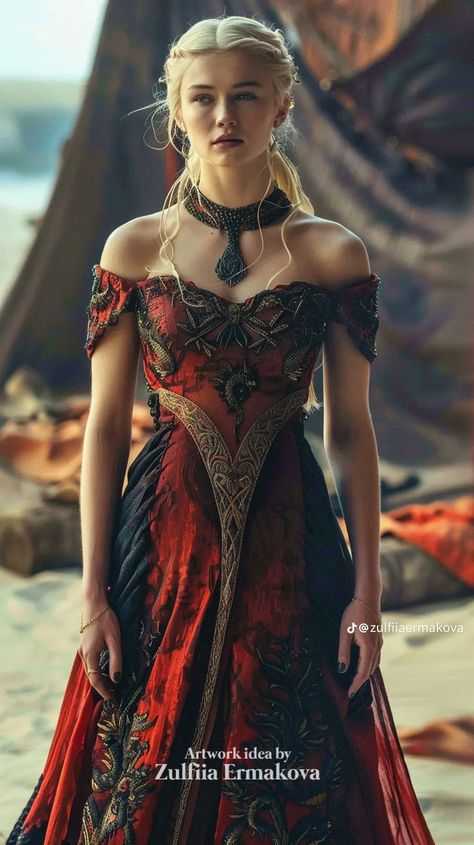 Black And Red Medieval Dress, Deneryes Targeryan Outfit, Dothraki Outfit, Targaryen Dress Aesthetic, Dragon Outfit Aesthetic, House Of The Dragon Dresses, Valyrian Fashion, Targaryen Women Art, Dragon Dress Fantasy Gowns