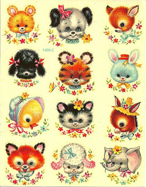 vintage decals - my mom put these on a cotton ball jar when I was a baby. I recently reclaimed it. Art Mignon, 강아지 그림, Nursery Decals, Vintage Nursery, Images Vintage, Illustration Vintage, Art Et Illustration, Art And Illustration, Vintage Greeting Cards