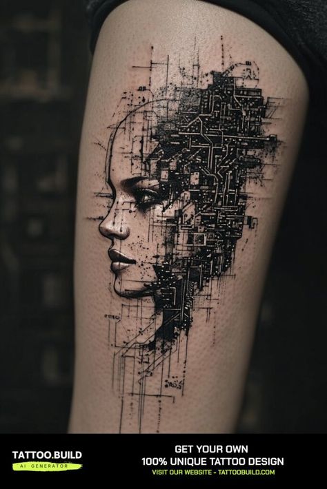 Abstract Cyberpunk Tattoos Futuristic Body Art Inspo for You Dystopian Tattoo, Black Watercolor Tattoo, Tech Tattoo, Cyberpunk Tattoo, Free Tattoo Designs, Cyberpunk Design, Spine Tattoo, Visual Aesthetics, Free Tattoo