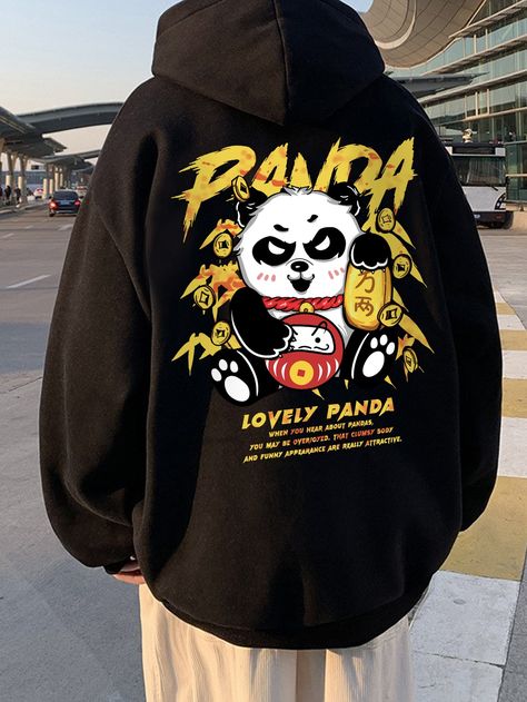 Black Casual Collar Long Sleeve Fabric Cartoon Pullovers Embellished Slight Stretch  Men Hoodies & Sweatshirts Men Sweatshirts, Cool Outfits For Men, Drawstring Hoodie, Drop Shoulder, Hoodies Men, Cool Outfits, Sweatshirts Hoodie, Mens Outfits, Collar