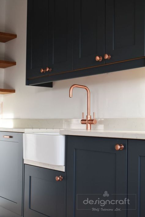 Copper up!  This stunning image features our Pronteau 3 IN 1 hot tap in Urban Copper.  We love how they have matched the cupboard handle colour with the tap and the dark blue units set off the look.  Pronteau 3 IN 1 hot tap range delivers instant steaming hot water so you can ditch the kettle and go for a streamlined look in the kitchen. Navy Kitchen Copper Handles, Charcoal And Copper Kitchen, Copper Kitchen Tap, Kitchen Sink And Tap Ideas, Copper Cupboard Handles, Dark Blue And Copper Kitchen, Dark Blue Cupboards, Blue Copper Kitchen, Copper Taps Kitchen