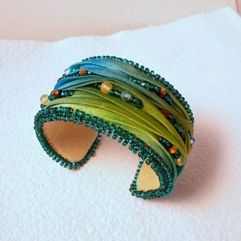 Fabric Cuff Bracelet, Bead Embroidered Bracelet, Shibori Jewelry, Embroidered Bracelet, Silk Bracelet, Embroidery Bracelets, Shibori Silk, Silk Jewelry, Fabric Bracelets