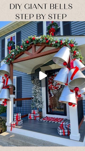 Jessica Cole on Instagram: "Step by Step  DIY Giant Silver Bells  What you need:  Plastic planters (I used 16” and 20” pots) Spade bit (to drill through planters- I used 3/8”) Eye nut with bolt ( same size as your spade bit- you will need one for each pot)  Silver spray paint Plastic ornament (for the inside of bell) String to tie ornament  Ribbon to make bows on top of each bell Rope to hang each bell Zip ties to tie bow to bells  Hook to hang the bells (utility hook screw)   Directions:  1) use the side bit to drill a hole in the center/bottom of each planter 2) spray paint the planter, inside and out  3) insert your eye-nut, and add the bolt from the inside of the planter 4) using the string, tie your ornament to the inside of the bolt 5) make your bow, and attach to the top of the plan Giant Bells Christmas Decor, Holiday Bells Decor, Silver Bells Christmas Decorating Ideas, Diy Christmas Bells Decorations, Giant Christmas Bells, Diy Giant Christmas Ornaments, Spray Paint Plastic, Xmas Bells, Ornament Ribbon