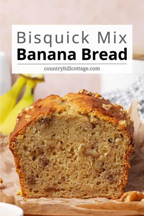 Made with Bisquick mix and overripe bananas, this is the best fluffy Bisquick banana bread recipe! It’s so sweet, moist, and flavorful that you’ll want a slice for breakfast every morning, a quick snack and lunch box food. The recipe is easy to make and can even be converted into muffins. All you need to prepare this tasty treat is a bowl, a loaf pan, and a few simple ingredients. Customize it with walnuts, pecans, chocolate chips, cranberries, blueberries and spices. | CountryHillCottage.com Banana Bread With Bisquick Easy Recipes, Banana Bread Recipe Bisquick, Bisquick Recipes Banana Bread, Bus Quick Banana Bread, Bisquick Banana Bread Recipe Easy, Banana Bread Pancake Mix Recipe, Jiffy Mix Banana Bread Recipe, Bisquick Banana Bread Recipe, Jiffy Banana Bread Recipe