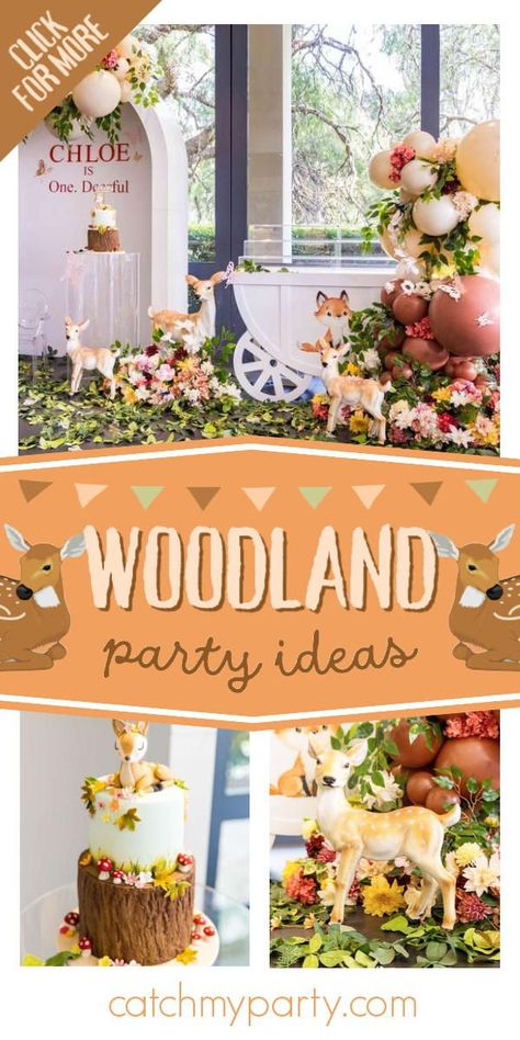 Fall under the spell of this enchanting woodland 1st birthday party! The party decorations will blow you away!See more party ideas and share yours at CatchMyParty.com Woodland 1st Birthday Party, Woodland 1st Birthday, Woodland Themed Party, Woodland Party Decorations, Woodland Party Theme, Themed Party Ideas, 1st Birthday Party For Girls, Woodland Cake, Boys 1st Birthday Party Ideas