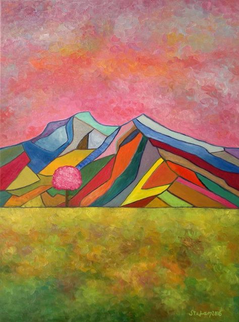 Original Art Oil Painting, measuring: 60W x 80H x 2D cm, by: Stefan Silvestru (Romania). Styles: Cubism, Fine Art, Impressionism, Expressionism, Minimalism. Subject: Landscape. Keywords: Spring, Cubism, Mosaic, Mountains, Sky, Tree, Landscape, Fields, Blossoms, Peaceful, Stripes. This Oil Painting is one of a kind and once sold will no longer be available to purchase. Buy art at Saatchi Art. Twin Peaks Painting, Landscape Mosaic, Abstract Painting Diy, Cubist Art, Cubism Art, Expressionism Painting, Original Landscape Painting, Abstract Landscape Painting, Twin Peaks