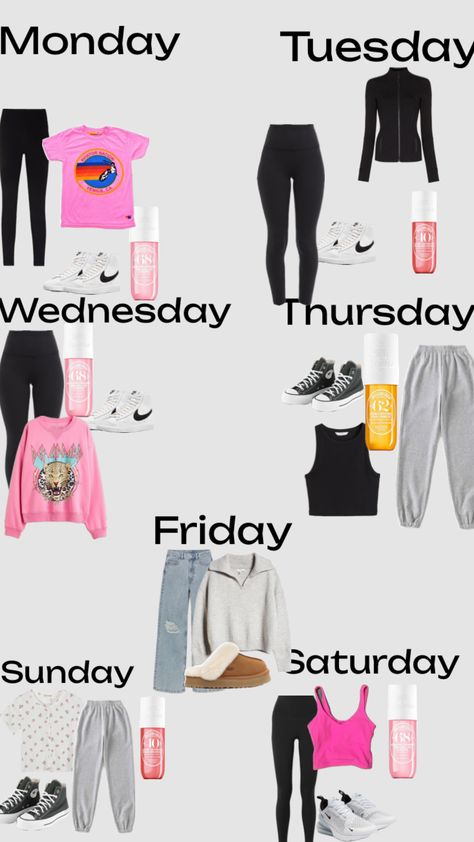 Oulfit based on the days of the week #preppy #outfitinspo Outfits For Week, Outfit Of The Week For School, What To Wear Each Day Of The Week, Preppy Outfits Of The Week, Weekly Outfits For School, Days Of The Week Outfits, Fits Of The Week, Outfits For The Week, Week Of Outfits