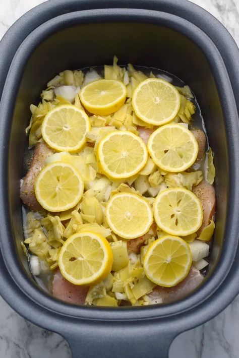 Artichoke & Lemon Slow Cooker Chicken Lemon Chicken Crockpot, Chicken Artichoke Recipes, Lemon Artichoke Chicken, Slow Cooker Chicken Dishes, Oven Casserole Recipes, Slow Cooker Lemon Chicken, Chicken Artichoke, Gluten Free Main Dishes, Artichoke Chicken