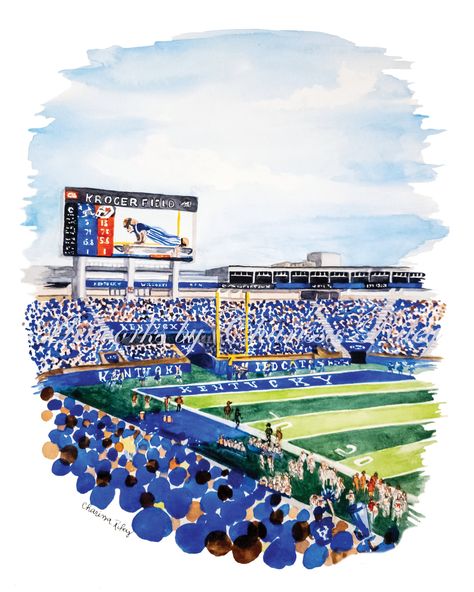 Another Touchdown Kentucky is a print from an original watercolor painting of our Wildcat celebrating a touchdown during the 2022 season opening game at Kroger Field, home of the University of Kentucky Wildcat Football. This print is perfect for gift giving or to be displayed in any space.  Each print comes in an easily frameable size, 8x10 inches and in a protective plastic sleeve.  Read before purchasing** ~Prints are nonreturnable unless damaged. See in depth return policies. ~By purchasing t Uk Dorm Room University Of Kentucky, University Of Kentucky Painting, University Of Kentucky Prints, University Of Kentucky Aesthetic, Kentucky Painting, Kentucky Game Day, Kentucky Wall Art, University Of Kentucky Football, Sorority Buttons