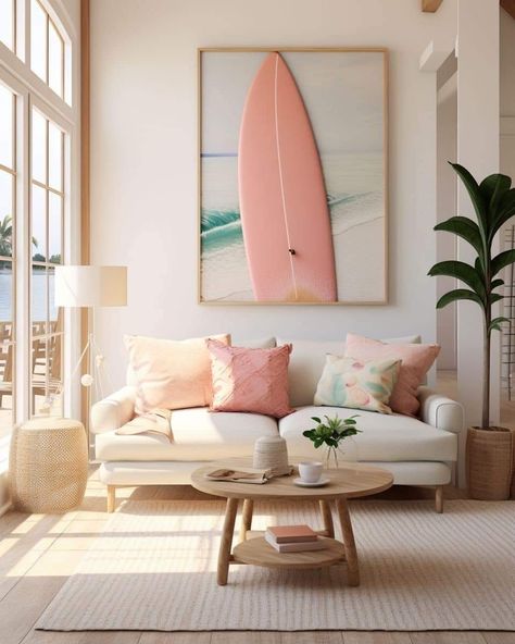 Beach Inspired Apartment, Boho Beach Style Decor, Beach Apt Decor, Pink Beach Living Room, Beach House Vibe Interior, Beach Vibe Home Decor, Beach Vibe Decor Style Inspiration, Beach Aesthetic Home Decor, Beach Salon Decor