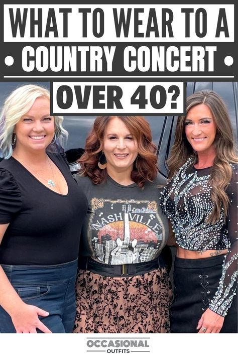 Women over 40 at a country concert enjoying Nashville Outfits Middle Age, Rodeo Outfit Ideas Plus Size, Western Boots Outfit Spring, Women's Country Concert Outfit, Rodeo Concert Outfits For Women, Country Concert Outfit Ideas For Women Over 40, Country Outfits For Concerts Plus Size, Country Concert Outfit With Boots, How To Dress For A Country Concert