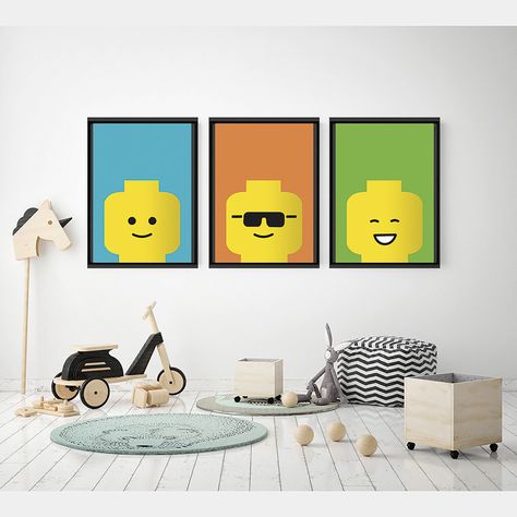 Lego Wall Art, Lego Poster, Lego Prints, Lego Art Print, Lego Decor, Lego Wall Decor, Lego Room Decor, Lego Wall Prints, Lego Head Print by VITAxART on Etsy https://www.etsy.com/uk/listing/509319998/lego-wall-art-lego-poster-lego-prints Boys Painting Ideas, Lego Bedroom Decor, Lego Themed Bedroom, Lego Art Print, Lego Person, Modern Kids Beds, Lego Decor, Lego Wall Art, Lego Diy Crafts