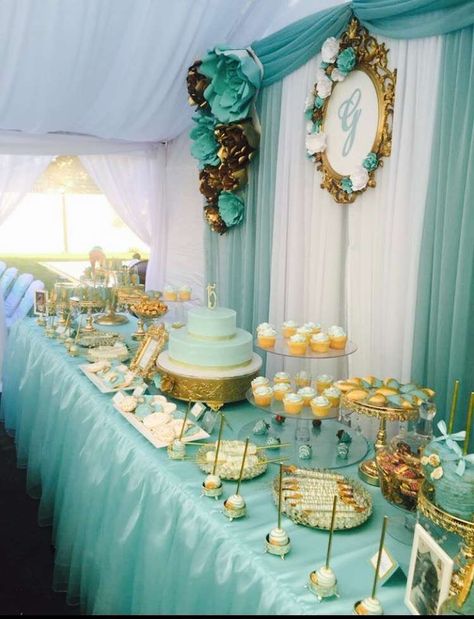 What a stunning Tiffany & Gold themed Quinceañera dessert table!! Just beautiful!! See more party ideas and share yours at CatchMyParty.com Gold And White Party, Teal Party, Tiffany Gold, White Party Decorations, Tiffany Party, Quinceanera Planning, Quince Decorations, Blue Weddings, Quinceanera Decorations