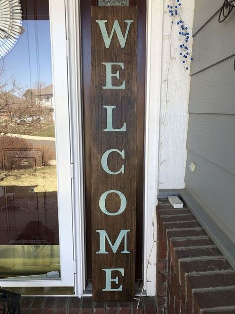 Have you seen those tall wooden welcome signs on people's front porches but been intimidated on how to make one? I created an easy and inexpensive version that I wanted to share with all of you! You can see more of my crazy creations here Front Porch Welcome Sign, Dollar Tree Candle Holders, Dollar Tree Candles, Diy Terra Cotta Pots, Diy Cabinet Doors, Diy Front Porch, Wooden Welcome Signs, Front Porch Signs, Porch Welcome Sign