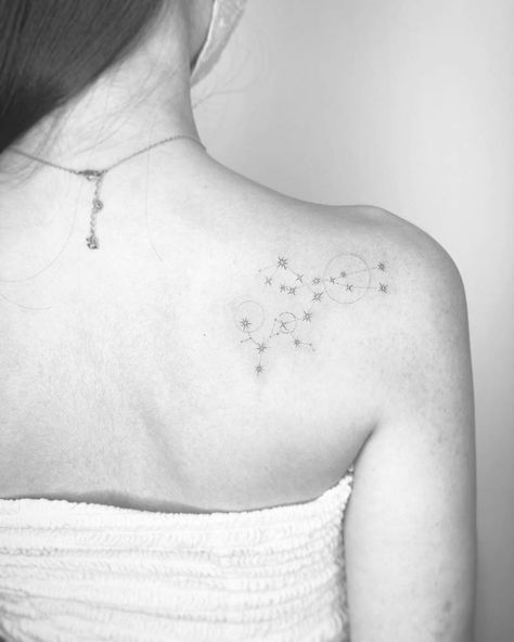 Sagittarius And Aries, Sagittarius Constellation Tattoo, Constellation Sagittarius, Scorpio Constellation Tattoos, Aries Tattoos, Aries Constellation Tattoo, Shoulder Blade Tattoo, Sagittarius Tattoo, Sagittarius Constellation