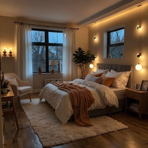 Simple Comfy Bedroom Ideas, Twinkly Lights Bedroom Ideas, Bedroom Inspirations Led Lights Cozy, Soft Lights In Bedroom, Apartment Bedroom Decor For Couples Cozy, Husband And Wife Room Ideas Master Bedrooms, Cozy Bedroom Couple, Basement Bedroom Lighting Ideas, Warm Lights Living Room