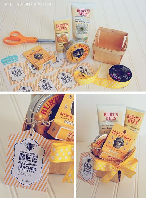 Burt Bee's honey products Bee Gifts Diy, Bee Gift Basket, Bee Teacher Gifts, Honey Gift Basket, Honey Products, Teacher Appreciation Gift Ideas, Berry Basket, Appreciation Gift Ideas, My Favourite Teacher