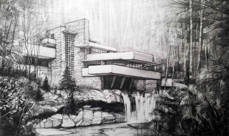 Falling Water House Drawing, Falling Water Sketch, Wallpaper Architecture, Sketch Wallpaper, Interior Architecture Sketch, History Of Architecture, Architecture Artwork, Falling Water House, Watercolor House Painting