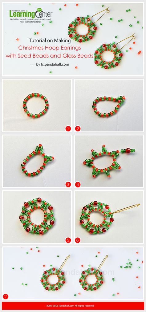 Tutorial on Making Christmas Hoop Earrings with Seed Beads and Glass Beads Earing Tutorials, Xmas Jewelry, Christmas Jewelry Diy, Beaded Diy, Bracelets Tutorial, Holiday Beading, Art Perle, Beadwork Designs, Beaded Earrings Tutorials