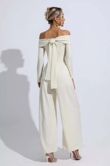 Drape Jumpsuit | Apricot Jumpsuit | Off Shoulder Jumpsuit White Dressy Jumpsuit Classy, Jumpsuit Elegant Chic Classy, Bonfire Fits, White Bridal Jumpsuit, Drape Jumpsuit, Classy Looks, Off Shoulder Jumpsuit, Heels Dress, Wedding Jumpsuit