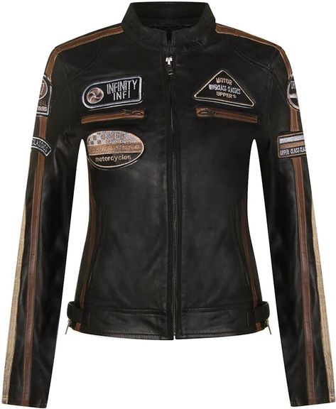 Vintage Badges, Jacket Sleeves, Races Style, Black Leather Biker Jacket, Womens Biker Jacket, Racing Stripes, Leather Biker Jacket, Biker Style, Edgy Look