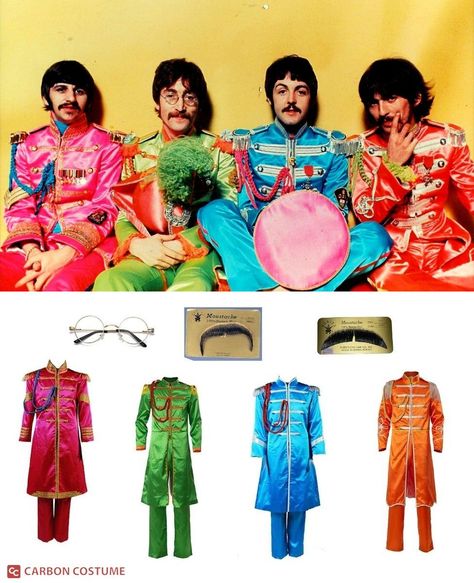 Sgt. Pepper's Lonely Heart Club's Band is the pseudonym of the Beatles on their album of the same name. Released in 1967, the album contains such hits as "Lucy in the Sky with Diamonds" and "A Day in the Life." This era marked the transition of the band's image from less clean cut and more experimental and avant garde. In this picture, from left to right: Ringo Starr, John Lennon, Paul McCartney, George Harrison George Harrison Costume, Beatles Costume Women, Beatles Costume Ideas, George Harrison Outfit, Sgt Peppers Costume, George Harrison Sgt Pepper Costume, The Beatles Halloween Costumes, John Lennon Costume, Beatles Halloween Costumes