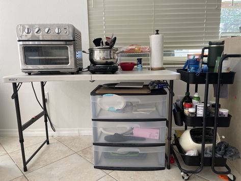 Temporary Kitchen, Kitchen Setup, 3 Drawer Storage, Crock Pot Tacos, Plastic Silverware, Keurig Coffee Makers, Dish Rag, Construction Zone, Plastic Shelves