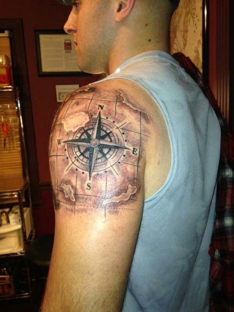 Aeronautical compass tattoo Compass Tattoo Men, Nautical Tattoo Sleeve, Compass Rose Tattoo, Rose Shoulder Tattoo, Compass Tattoo Design, Map Tattoos, Mens Shoulder Tattoo, Forarm Tattoos, Nautical Tattoo