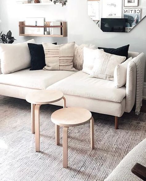 Ikea Frosta Hack: Tripod Nesting Tables. #ikeasidetables #frosta #frostahack #ikeahack #neatntiny #stool60 #artekstool #ikeadiy #decoronabudget #comfortworks #maewoven #kilimpillows  #scandiboho Living Room Ideas Ikea, Room Ideas Ikea, Boho Family Rooms, Ikea Soderhamn, Söderhamn Sofa, Ikea Sofa Covers, Ikea Catalog, Office Sofa, Decorating Shelves