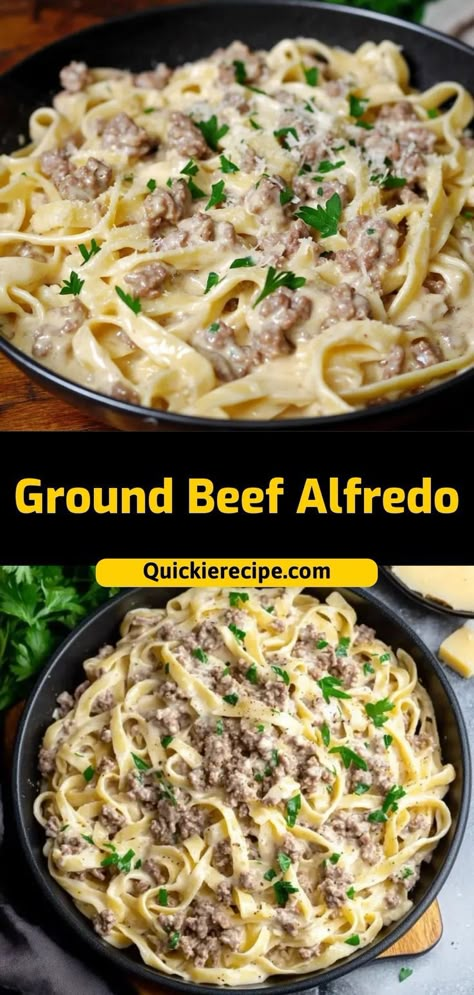 Creamy and satisfying, this Ground Beef Alfredo combines tender pasta, savory ground beef, and a rich Alfredo sauce. It’s a comforting one-pan dinner perfect for busy nights. Easy to make and always a hit with the family! Ingredients: 1 lb ground beef 12 oz fettuccine pasta 2 cups Alfredo sauce 1/2 cup Parmesan cheese A quick and creamy pasta dish the whole family will love" Alfredo Sauce And Ground Beef Recipes, Hamburger Fettuccine Alfredo, Alfredo Hamburger Pasta, Hamburger With Alfredo Sauce, Ground Beef With White Sauce, Ground Beef Fettuccine Recipes, Alfredo Sauce Dinner Ideas, Taco Alfredo Pasta, Creamy Ground Beef Alfredo Pasta