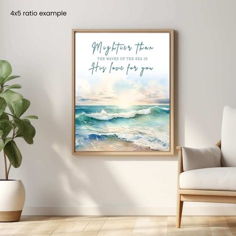 Mightier Than the Waves of the Sea, Sunrise Coastal Watercolor, Christian Decor, Scripture Printable, Bible Verse Print, Beach Bible Verse - Etsy Living Room Addition, Sea Sunrise, Coastal Watercolor, Room Addition, Cabin Kitchen, Room Additions, Christian Decor, Bible Verse Prints, Kitchen Living Room