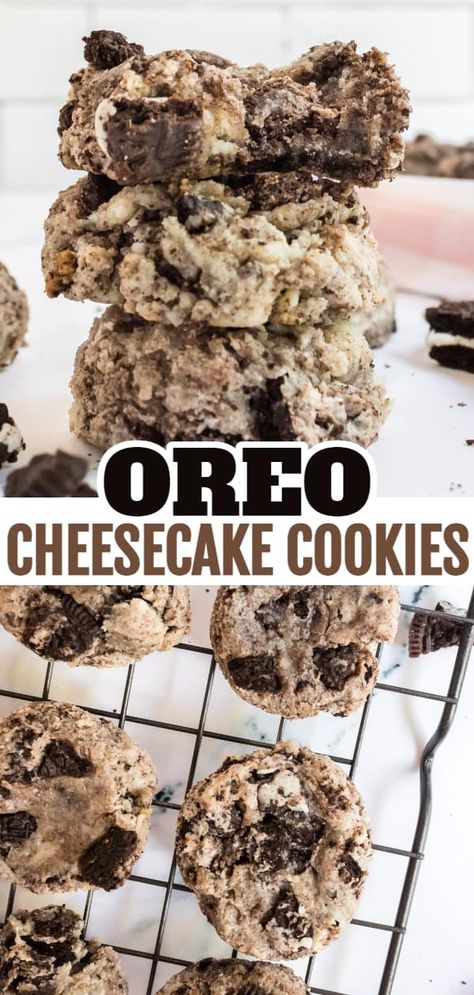 Oreo Cheesecake Cookies are delicious, soft and fluffy cookies loaded with cream cheese and crushed Oreos. Fluffy Cookies, Oreo Cream Cheese, Cream Cheese Chocolate Chip Cookies, Chocolate Chip Marshmallow Cookies, Cream Cheese Cookie Recipe, Cream Cheese Oreo, Oreo Cheesecake Cookies, Chocolate Peanut Butter Desserts, Chocolate Chip Pecan Cookies