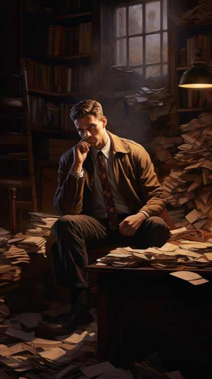 Photorealistic image of a clever detective sitting in his office Detective Oc Male, Victorian Detective Aesthetic, Wizard Detective, Medieval Detective, Grimes Outfit, Detectives Aesthetic, Detective Character Design, Vintage Jazz Club, Steampunk Detective