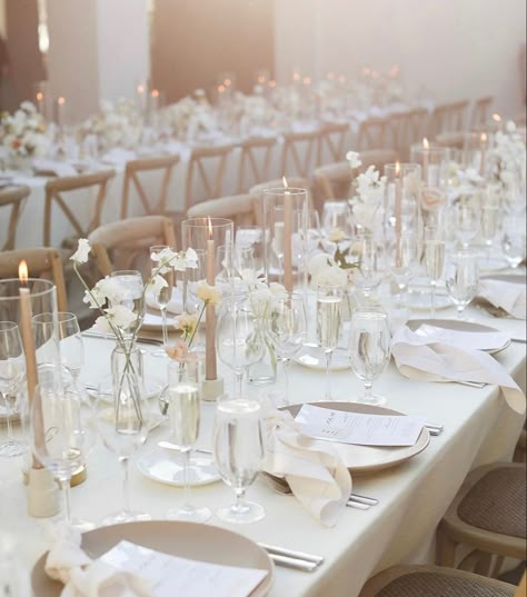 Long Table Wedding Flowers And Candles, Ivory Neutral Wedding, Elegant Simple Table Setting Wedding, Table Setting Bud Vases, Neutral Wedding Decor Table, Long Table Bud Vases Wedding, White Floral Wedding Table Decor, Bud Vases On Long Table, Wedding Minimal Flowers