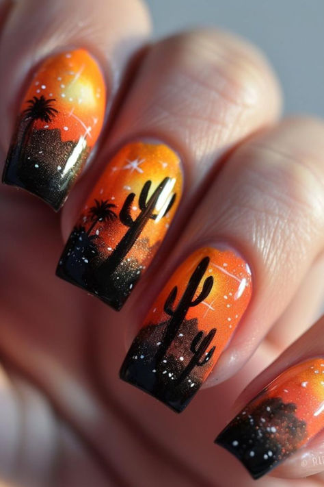 Desert Mirage Nail Design Ideas For July Wine Country Nails, New Mexico Nails Art Designs, Arizona Nail Ideas, Desert Nail Art, Country Nails Design, Country Nail Designs, Sunset Nail Art, Guy Nails, Desert Nails