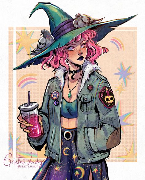 Twitter Hedge Witch Art, Modern Witch Character Design, Gretlusky Sketchbook, Witch Character Design Modern, Characters With Pink Hair Halloween, Gretlusky Art, Sketchy Drawings, Pretty Characters, Shouto Todoroki