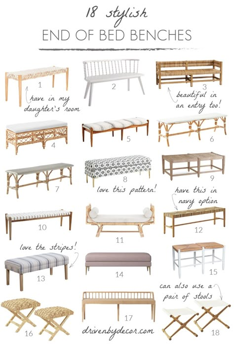 Stylish end of bed bench options - love so many of these! Stools At End Of Bed, End Of Bed Stool, Bench At End Of Bed, Bed Benches, End Of Bed Seating, Beautiful Bed Designs, Simple Bed Designs, Bed Stool, Arizona House