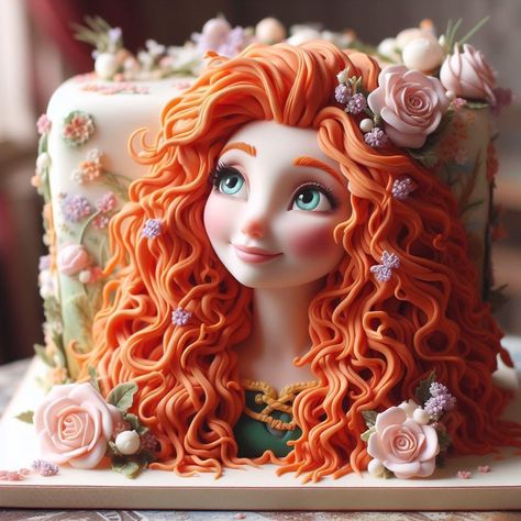 Merida Birthday Cake, Brave Cake Ideas, Merida Brave Cake, Merida Brave Cake Ideas, Rapunzel Doll Cake, Glamour Cake, Cake Artwork, Tinkerbell Doll Cake, Princess Theme Cake