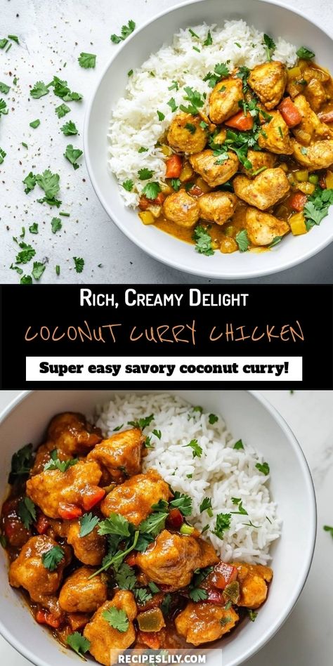 I absolutely love this rich, savory coconut curry chicken! It’s incredibly easy to make and pairs perfectly with fluffy rice. Each bite is bursting with flavors, making it a perfect weeknight dinner. You have to try this delicious recipe! Chicken Curry Rice Bowl, Coconut Chicken Rice Bowl, Thai Curry Chicken, Creamy Coconut Curry, Chicken Coconut Curry, Coconut Curry Chicken Recipes, Curry Chicken Recipe, Chicken Recipe Easy, Coco Curry