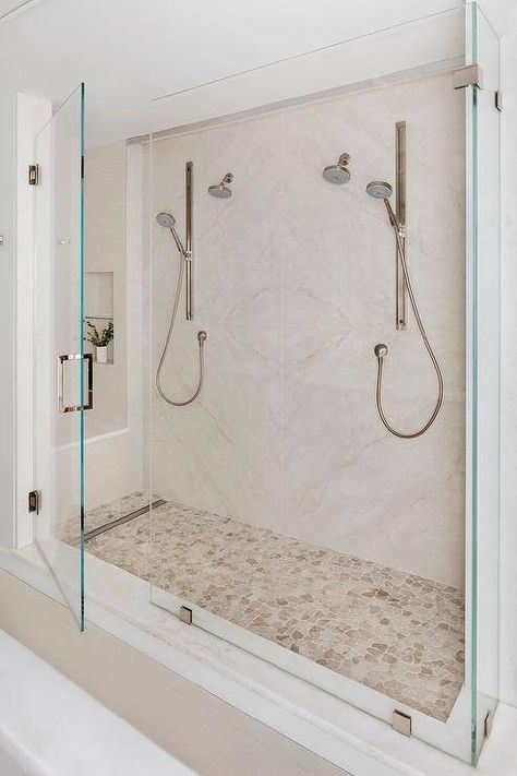 Double Shower Head Master Baths, Laura Hodges, Green Tile Backsplash, Double Shower Heads, Walk In Shower Ideas, Vista House, Bathroom Shower Design, Bathroom Retreat, Double Shower