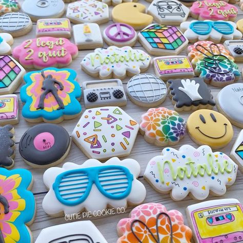 Neon Royal Icing Cookies, 60s Theme Cookies, 70s Theme Dessert, Disco Birthday Cookies, 70s Cookies, 80s Cookies, 90s Themed Birthday, 90th Birthday Party Theme, 60th Birthday Cupcakes