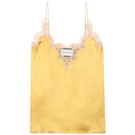 Gucci Lace-Trimmed Silk Camisole Top (47,245 MKD) ❤ liked on Polyvore featuring tops, yellow, silk cami, camisole tops, lace trim tank top, yellow tank and yellow top Lily Pilly, Cami Outfit, Silk Camisole Top, Silk Cami Top, Lace Trim Cami Top, Gucci Shirts, Lace Trim Tank Top, Beige Shirt, Yellow Tank