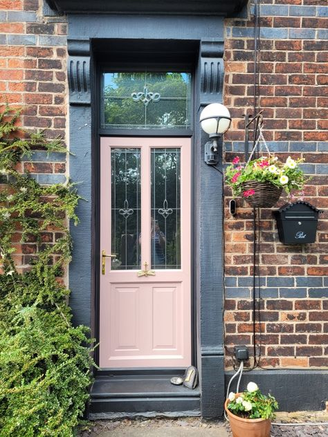 Dusky Blush Frenchic Paint, Pink Stained Glass Front Door, Dusky Pink Front Door, Blush Front Door, Flat Makeover, 1930 House, Pink Doors, Upvc Door, Pink Front Door