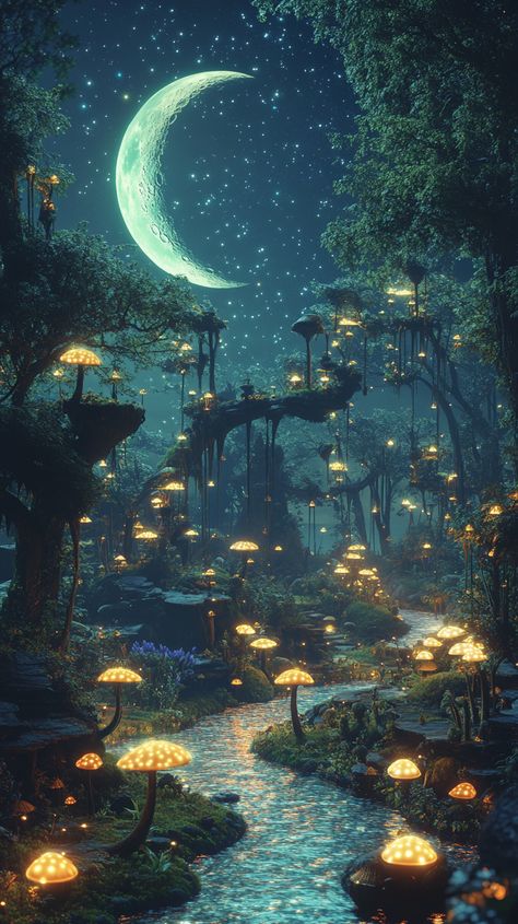 A dream-like forest with floating islands, glowing mushrooms, and a river of stars, illuminated by a crescent moon casting ethereal shadows across the landscape. Surreal Nature, Moon Fountain, Enchanted Forest Art, Mushroom City, Forest With Mushrooms, Magical Mushroom Forest, Fantasy Forest At Night, Mushroom Fantasy Forest, Mystical Woods Magical Forest