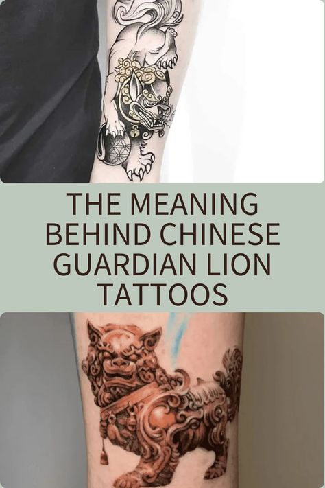 As with many cultural symbols, the guardian lions are being created with tattoo ink as well as bronze and stone. Guardian lion tattoos are a popular choice for those wanting a permanent symbol of protection and luck, and one that represents ancient Buddhist and Chinese philosophy. Chinese Animal Tattoo, Chinese Lion Tattoo, Chinese Guardian Lion, Guardian Tattoo, Chinese Zodiac Tattoo, Self Tattoo, Small Animal Tattoos, Lion Forearm Tattoos, Animal Tattoos For Women