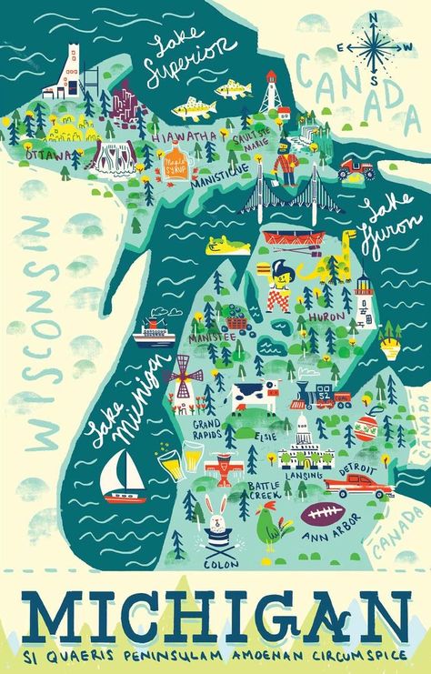 Michigan Painting, Michigan Tattoos, Whimsical Map, Michigan Poster, Map Of Michigan, Illustrated Maps, Travel Art Journal, Pictorial Maps, Map Illustration