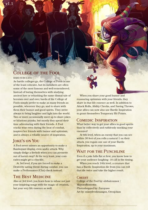 Bard Subclass: College of the Fool Homebrew Classes, Dnd Bard, Dnd Stats, D D Classes, Dnd Stories, Dnd Homebrew, Bard College, Dnd Campaign, Dnd Classes