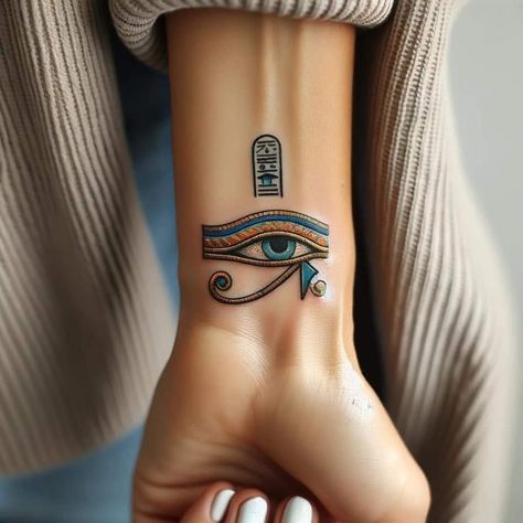 Cool Egyptian Tattoos, Tattoo For Abundance, Egyptian Evil Eye Tattoo, Horus Tattoo Eye, Egyptian Ankh Tattoo Design, Egyptian Goddess Tattoos For Women, Anch Tattoo Egyptian, Hamsa Tattoo Design Mandalas, Eye Of Rah Tattoo